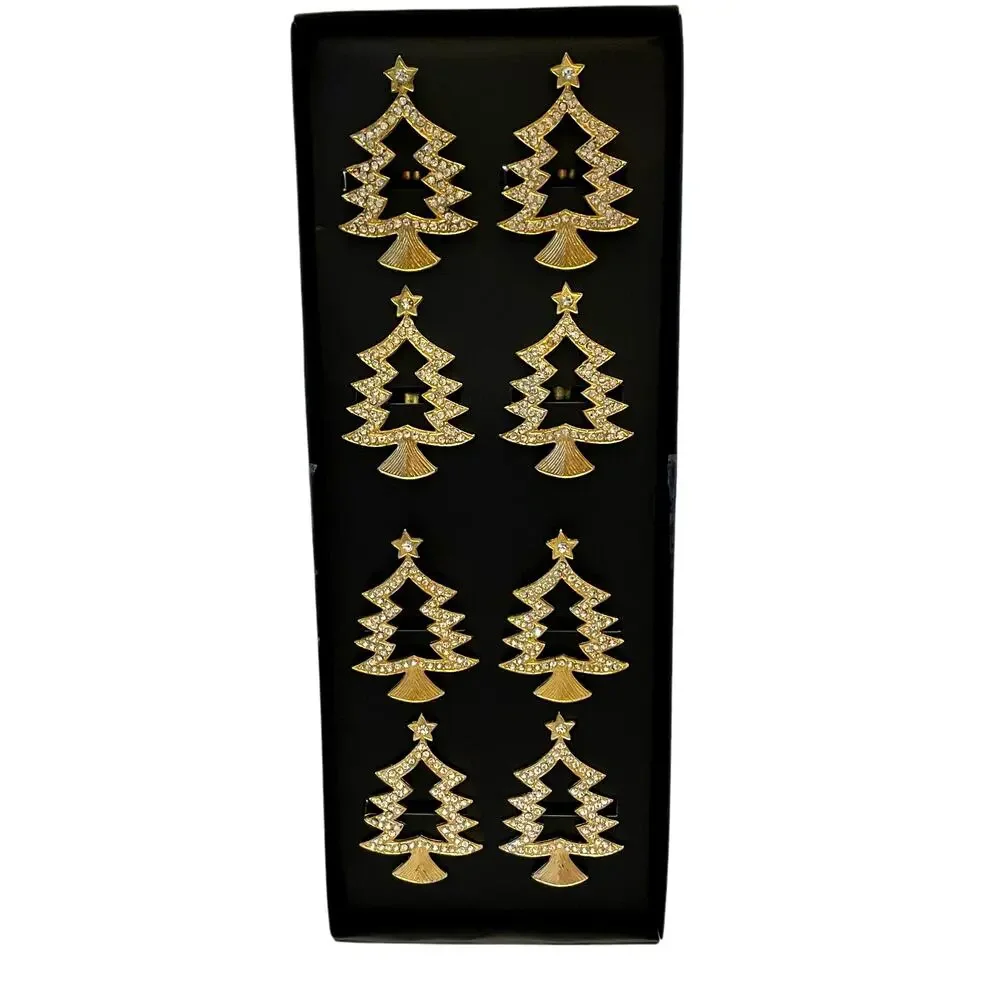 TAHARI Home Gold Rhinestone Christmas Tree Shaped Napkin Rings Set of 8 New - Picture 15 of 15